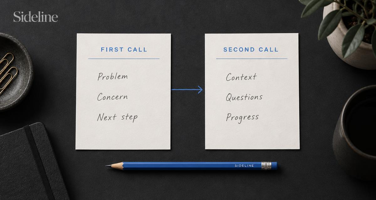 Sideline editorial illustration of first-call notes linked by a blue arrow to second-call context, questions, and progress
