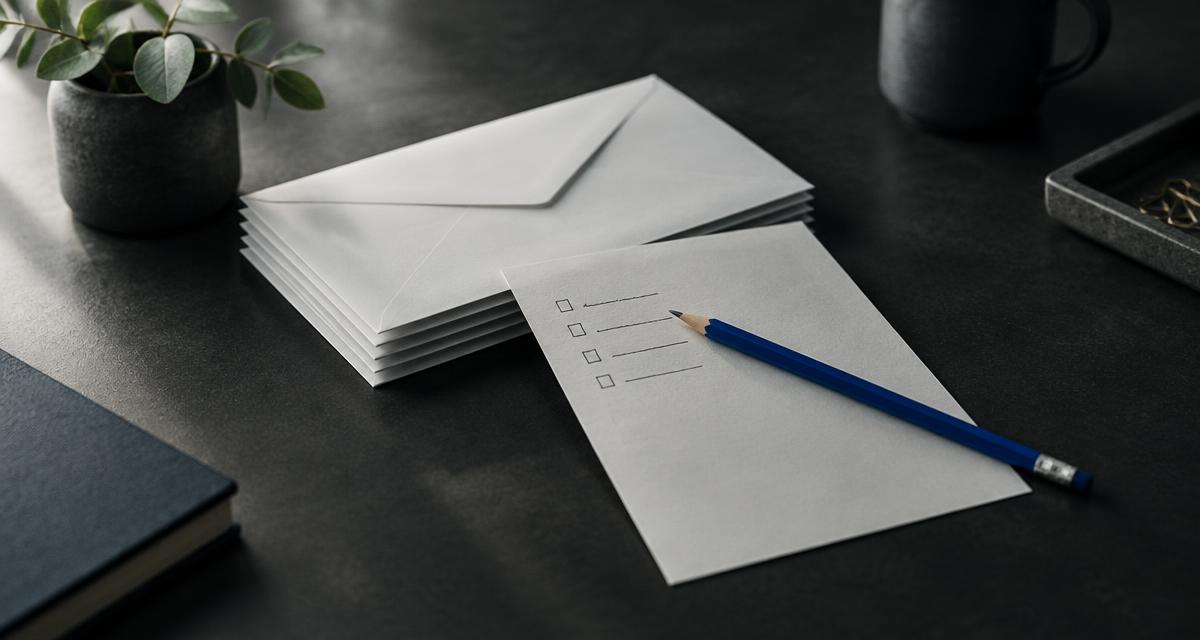 A stack of white envelopes and a handwritten checklist with a blue pencil on a charcoal desk